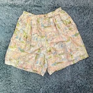 Xriss Xross 100% Silk Lined Shorts Street Scene Watercolor Cream Vintage 90s M